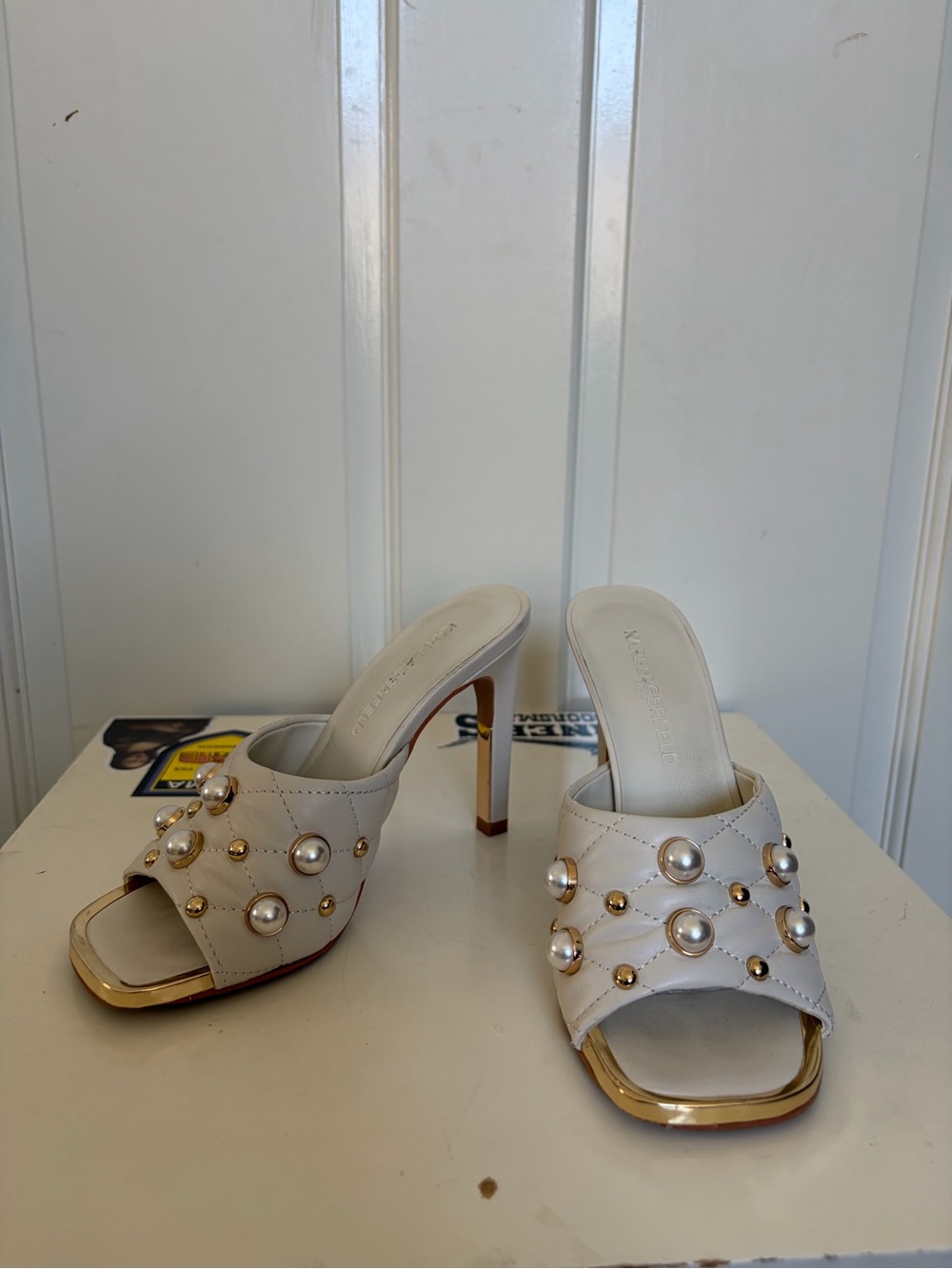 Karl Lagerfeld Ivory Pearl & Gold Stud High Heel Mules
